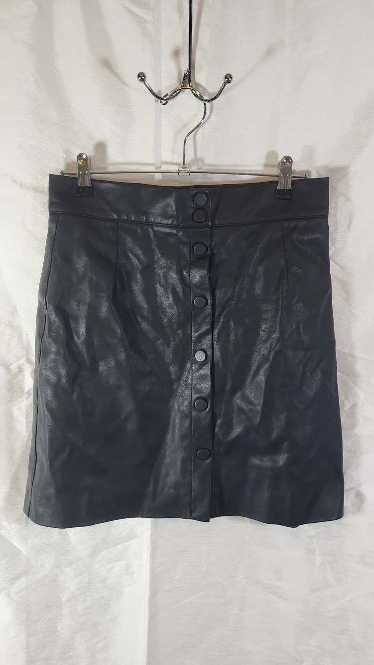 H&M Black Faux Leather Button-Front Mini Skirt Size 8